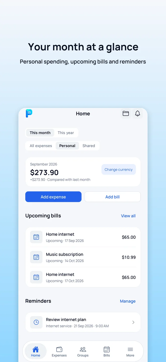CFS Pocket dashboard with a monthly spending total, upcoming bills and reminders.