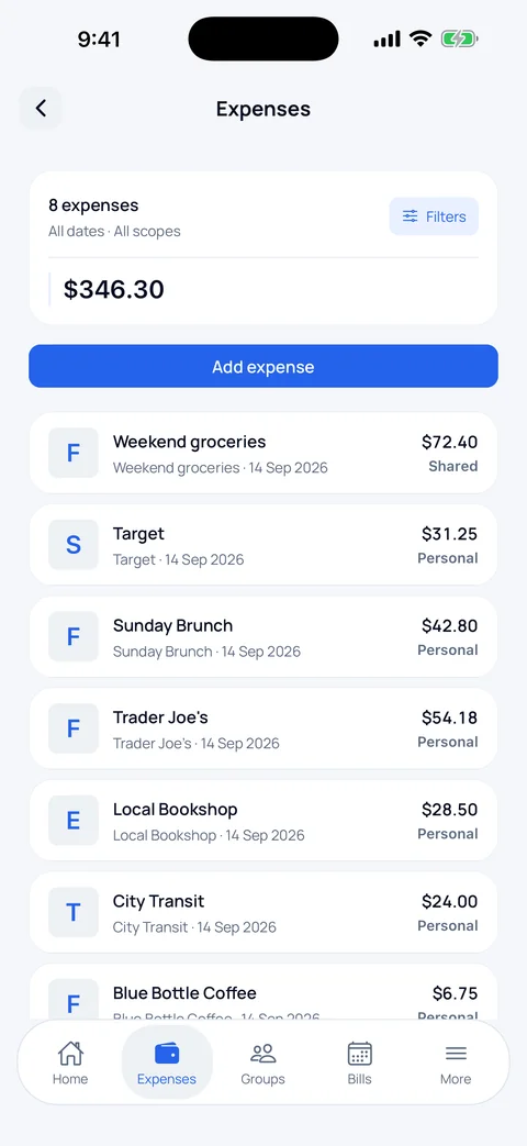 CFS Pocket expense list showing eight personal and shared expenses, their amounts and the total.