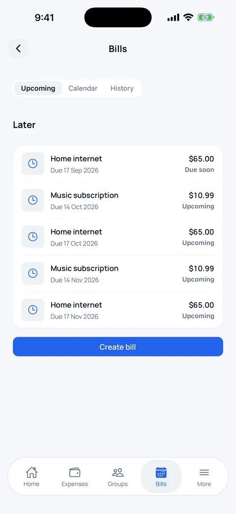CFS Pocket Bills screen showing upcoming recurring bills, amounts and a due-soon flag.