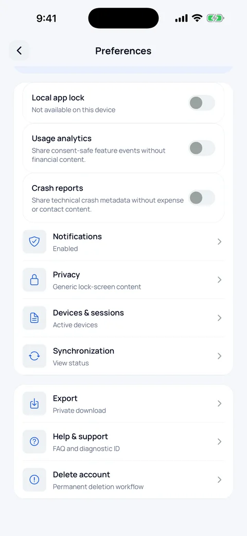 CFS Pocket Preferences screen showing privacy, device sessions, export and account deletion controls.